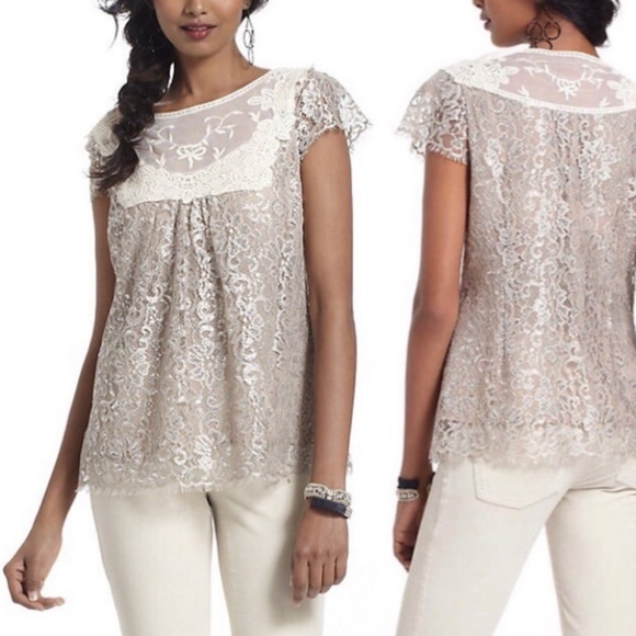 Anthropologie Tops - HD in Paris Champagne Silver Metallic Lace Top